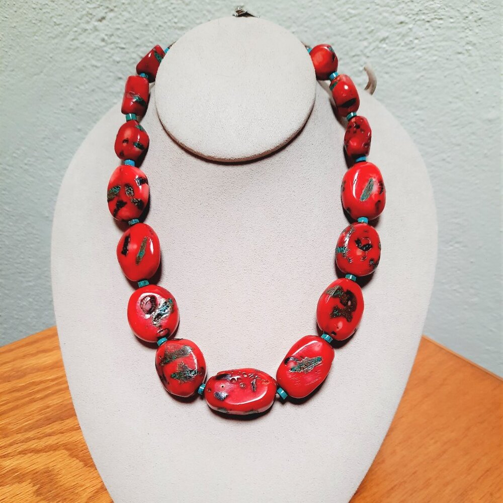 Tibetan Red Coral inlaid with Turquoise Necklace